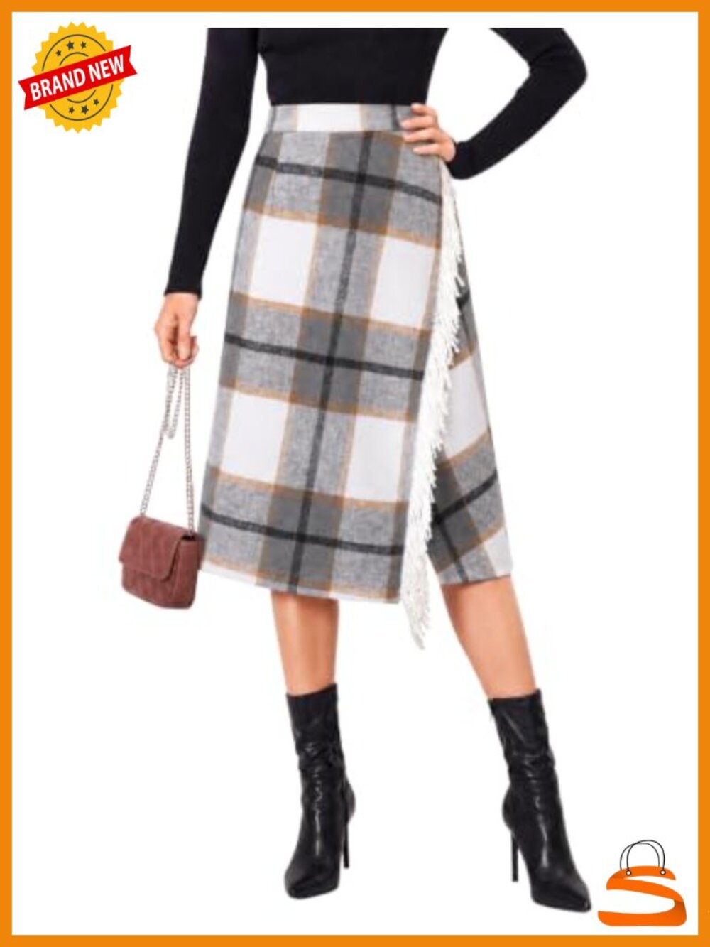 Plaid Wrap Midi Skirt A Line Fringe Wool Blend Side Slit